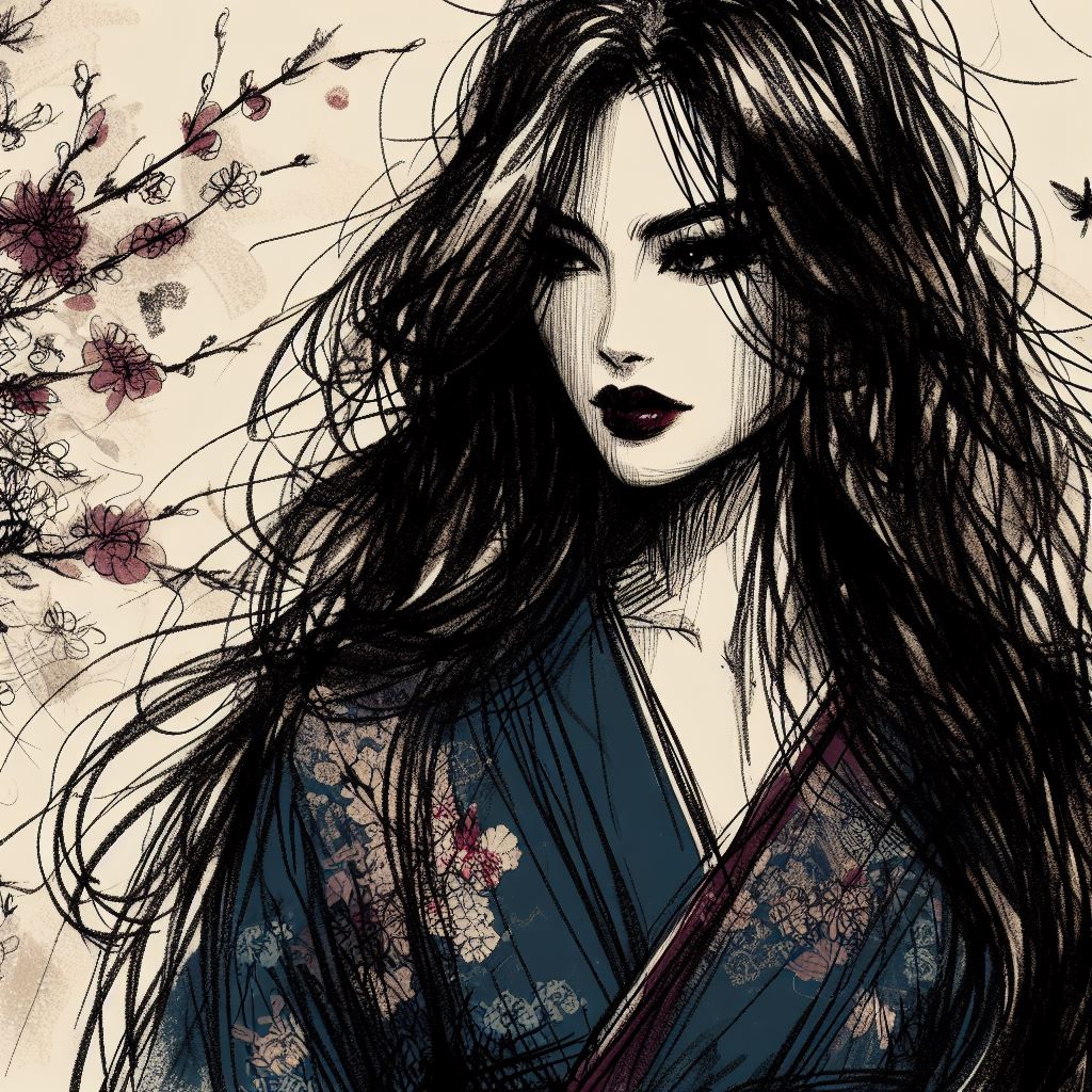Stylized black and white portrait of a woman in a kimono with floral patterns, evoking a mysterious Japanese legend.