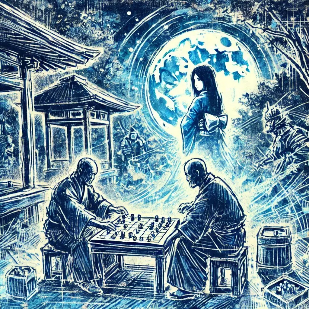 Two men playing ōgi while a mysterious woman in kimono watches from the shadows