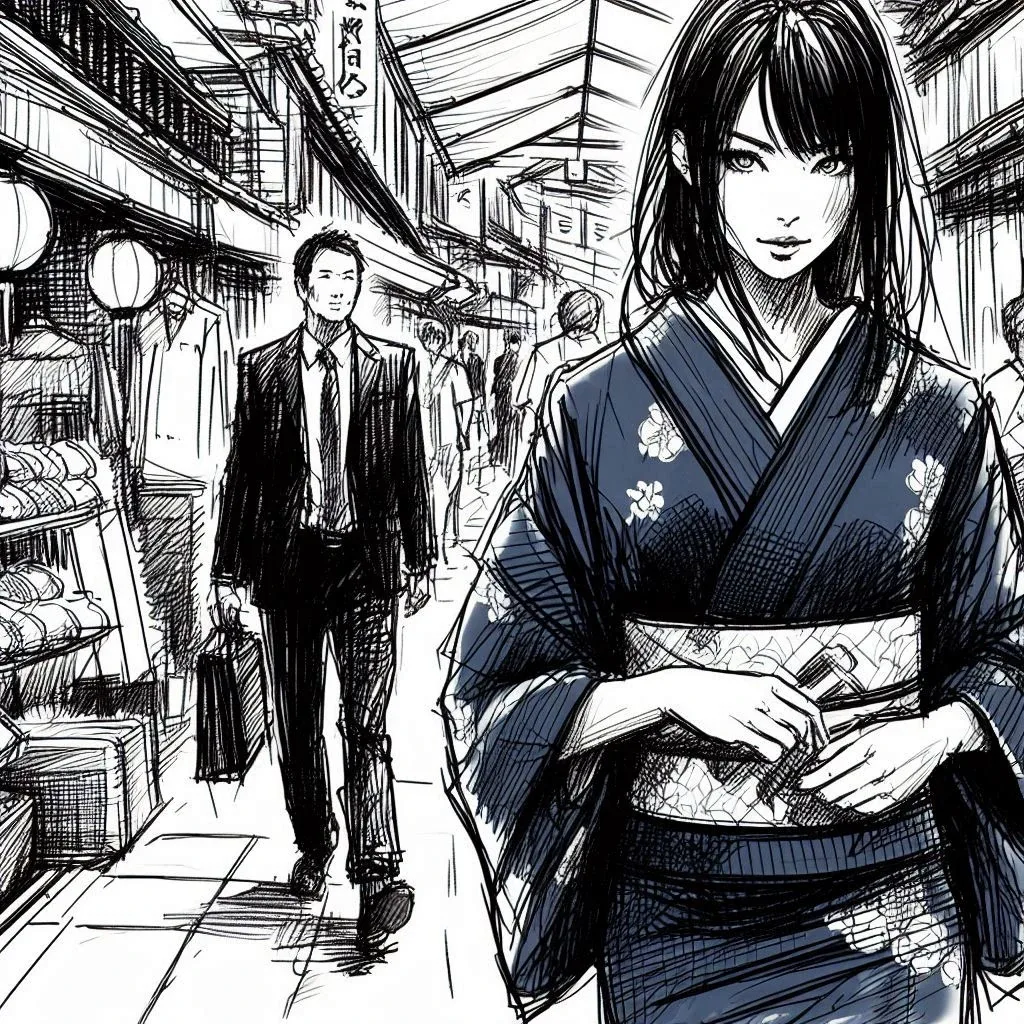 Elegant Japanese woman in midnight-blue floral kimono being secretly followed by businessman through traditional shōtengai covered market street - haunting manga illustration of Komayō, the Ōgi enchantress