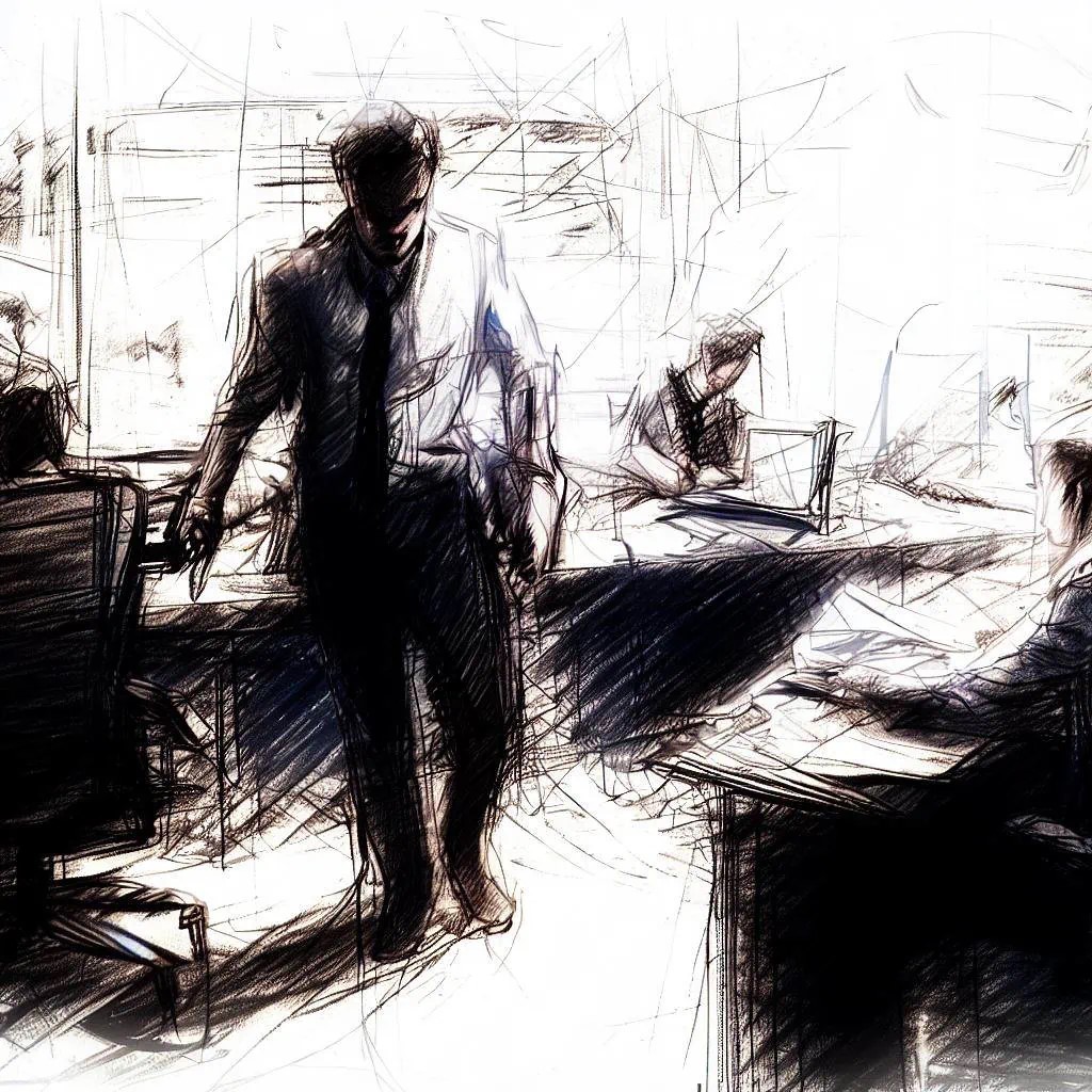 Man rising from his desk in a liberating movement, moving away from the confined routine to embrace an unknown future, in a space filled with other people focused on their work.