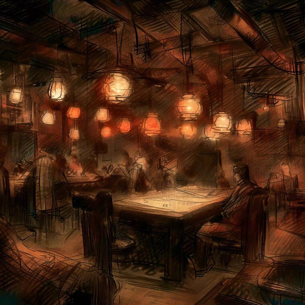 Interior of a cozy bar with lanterns casting a soft light on people playing chess, evoking a friendly and contemplative atmosphere.