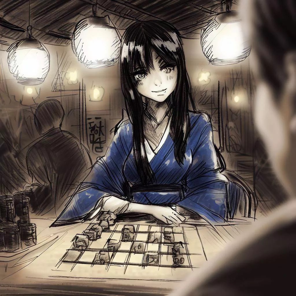 A young woman in a kimono appears to be preparing to play shogi on a chessboard, the pieces set in front of her, in a bar lit by lanterns, her expression inviting to start a game.