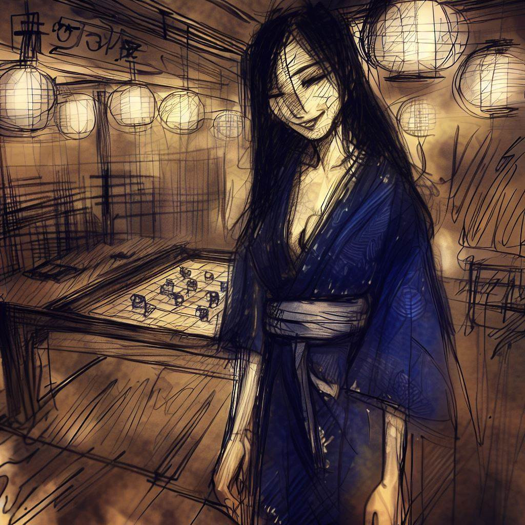 A woman standing in front of a chessboard in an establishment lit by lanterns, capturing a scene of contemplation and mystery in the Umeda district at night.