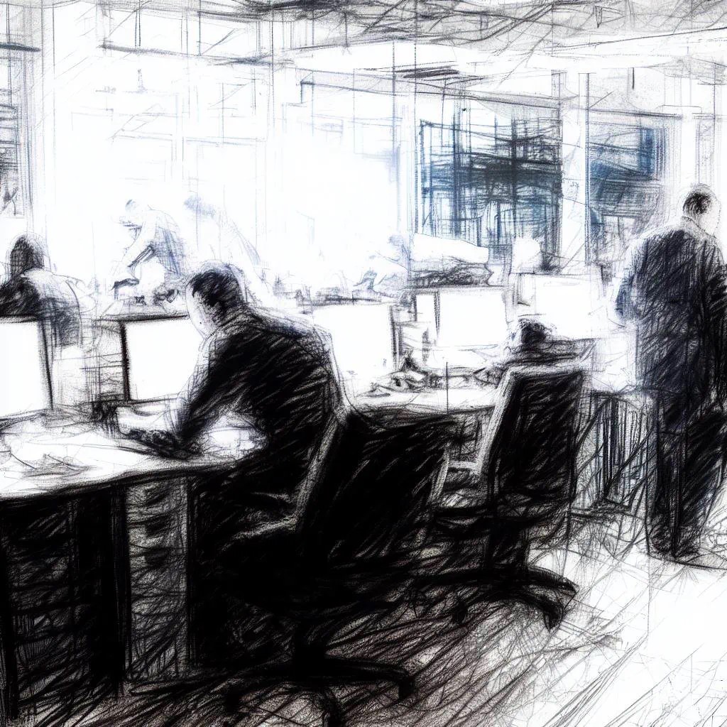 A lone figure works late in a dark office, surrounded by blurred silhouettes of colleagues, illustrating the remoteness and dissociation in the corporate environment.
