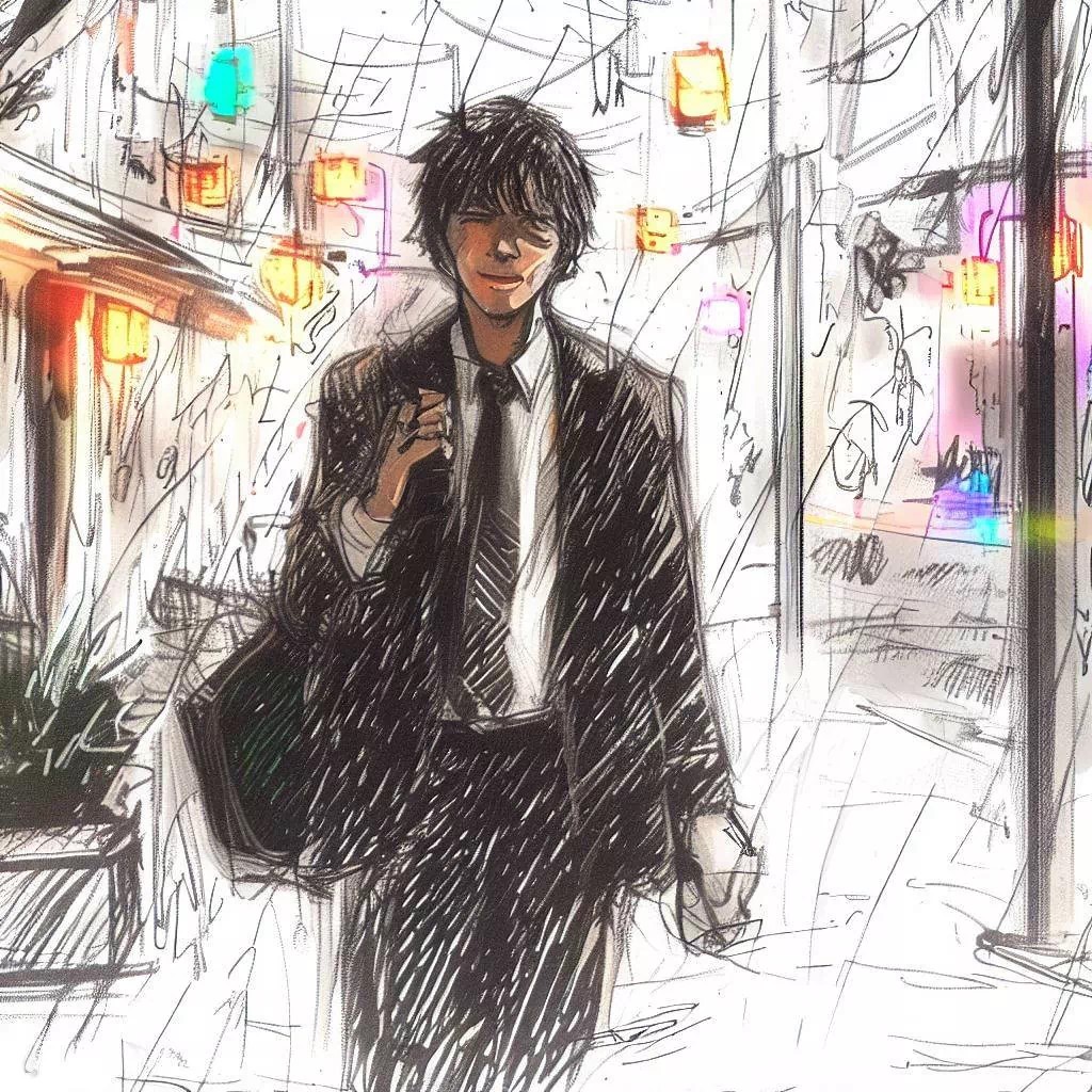 A lone man smiling, walks in the emerging dawn of the quiet streets of Osaka, with a pale blue sky contrasting the black of the past night, symbolizing a melancholy tinged with hope.