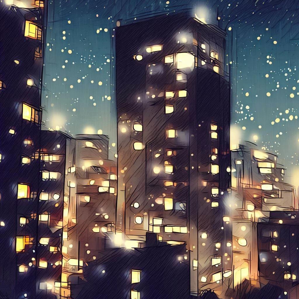 An urban night landscape, with illuminated buildings under a starry sky, evoking the warmth of homes and the magic of a winter night.