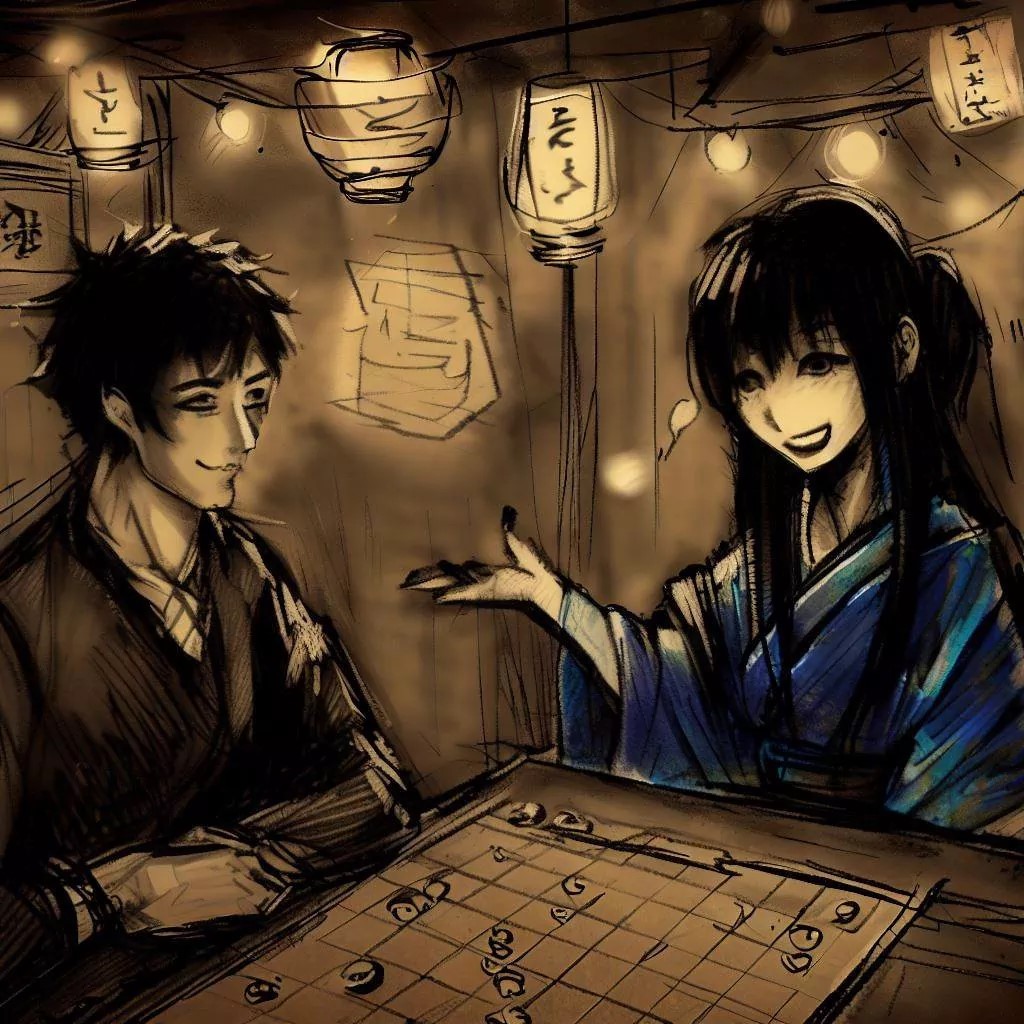 A woman in traditional Japanese attire explaining a board game to an attentive man in a traditional setting illuminated by paper lanterns.