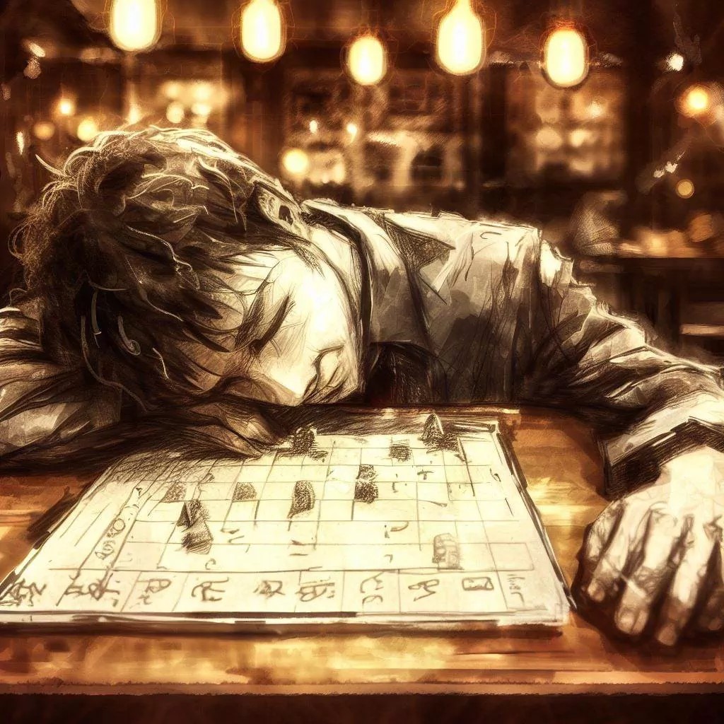 A person asleep on a strategy game, symbolizing an escape from time and an inner struggle to return to reality, in a dark and soothing atmosphere.