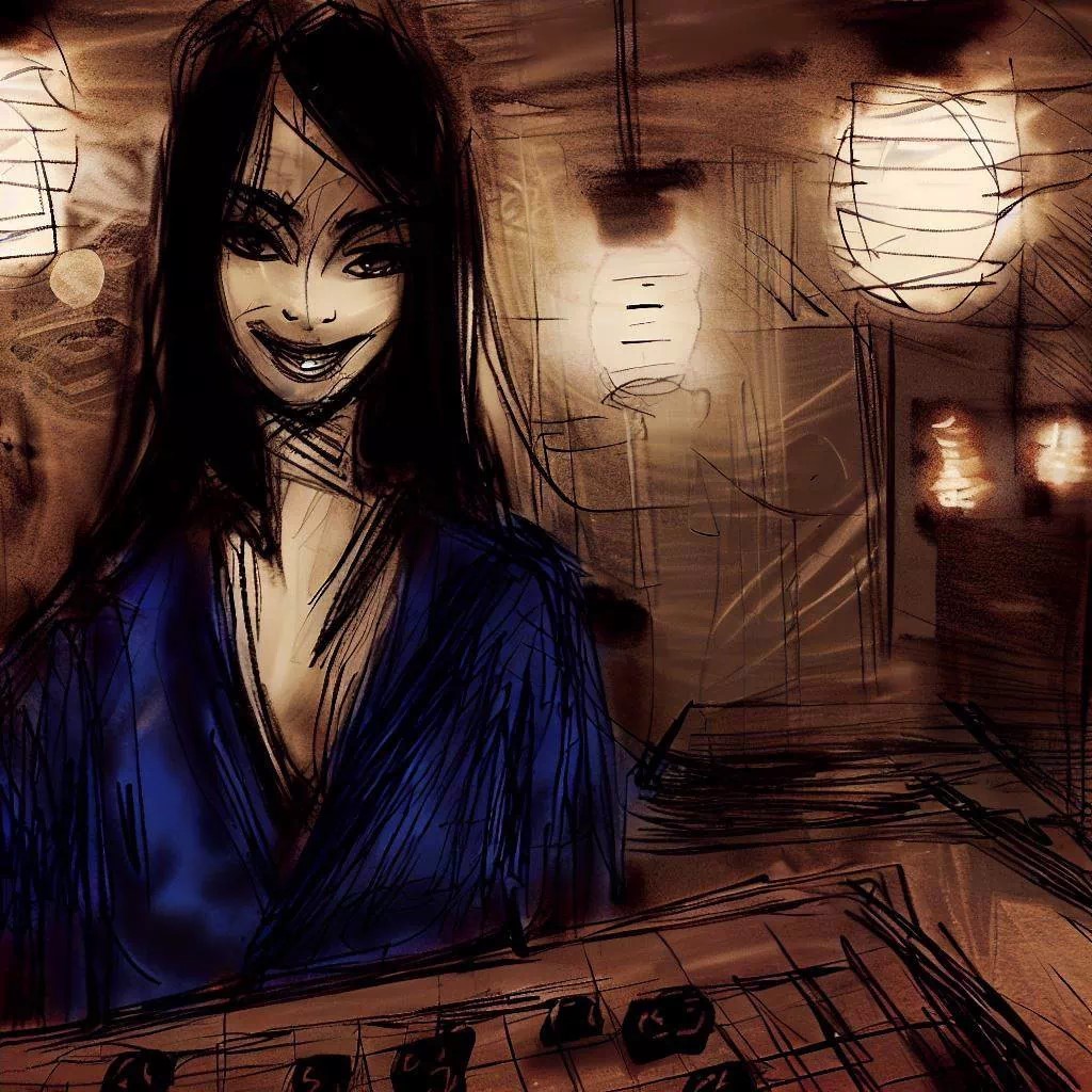 An ogi player with a triumphant smile, evoking an epiphany during a game, in a room lit by lanterns creating an atmosphere of spiritual awakening and deep connection.