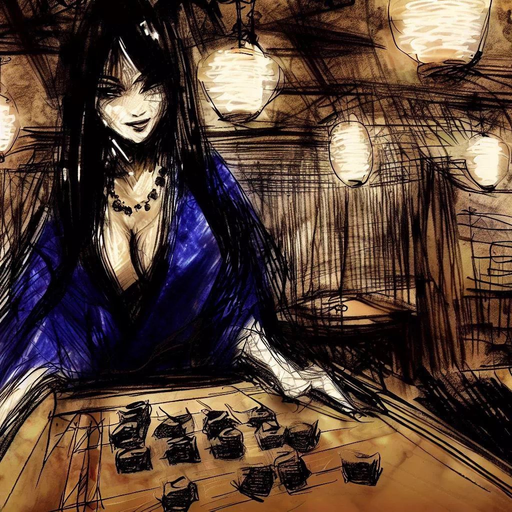 A young woman in a blue kimono responds to a chess opening with her ogi pieces, her eyes reflecting deep strategy and serenity, in a room illuminated by soft, welcoming light.