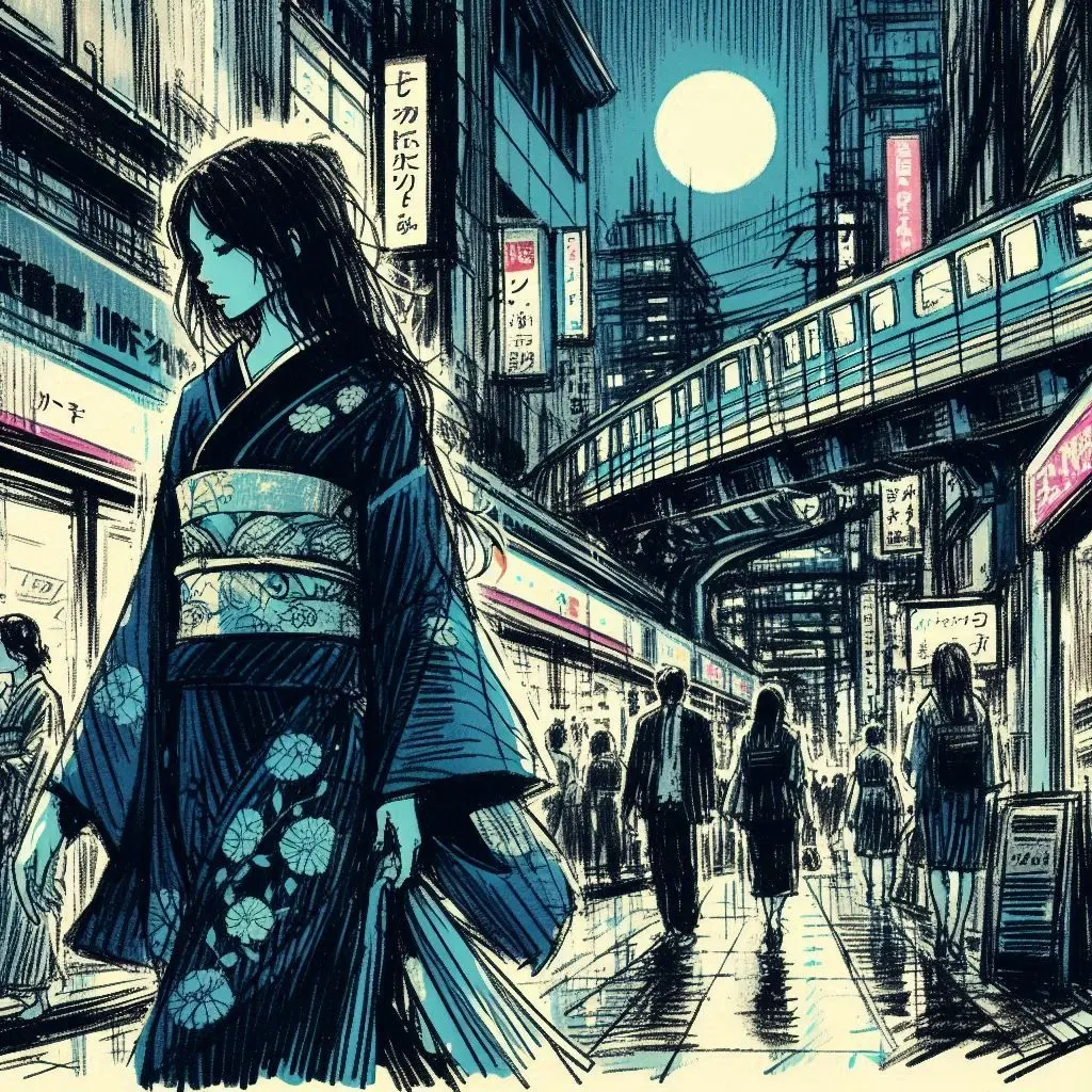 Komayō in blue kimono in a night street in Osaka, surrounded by neon signs and a subway under the full moon