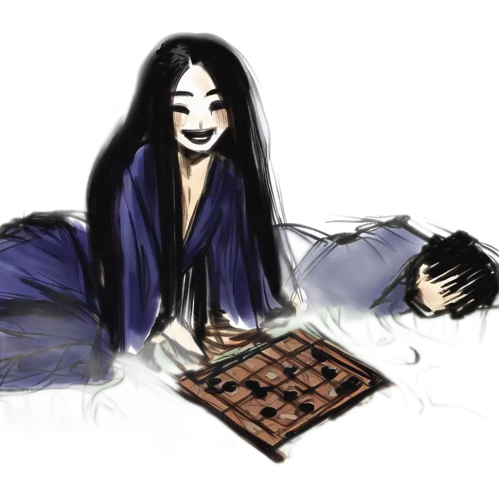 Komayo, of enchanting beauty, smiles as she plays ōgi, with an opponent by her side fallen into a mystical sleep, under the glow of the full moon.