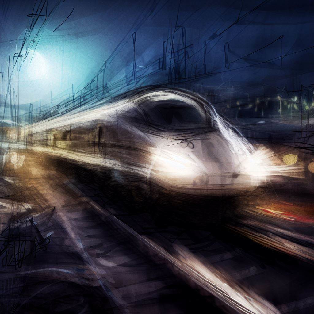 Shinkansen train speeding through the night, illuminated by the moon, capturing the essence of nighttime travel in Japan.