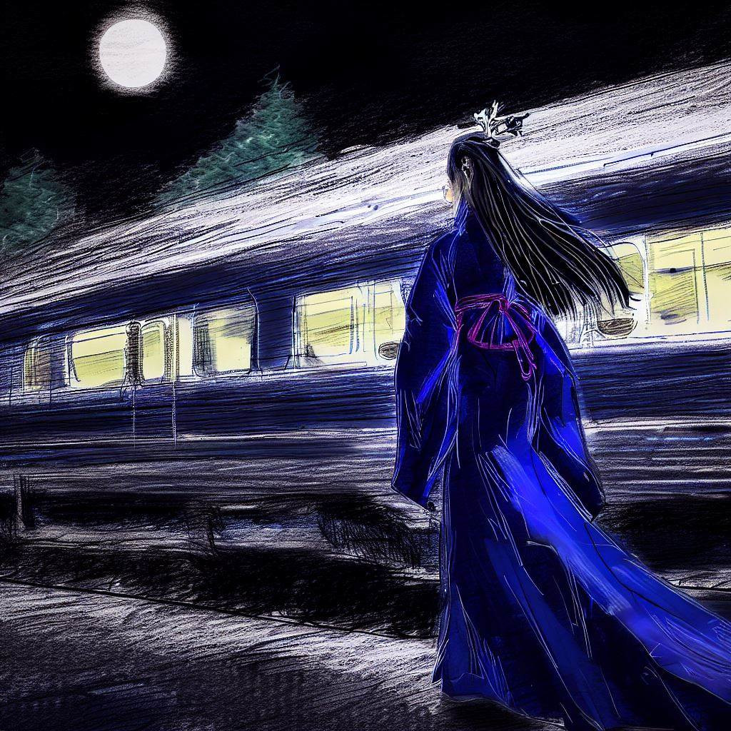 A woman in traditional kimono stands facing the moon, with a moving train in the background, evoking a mysterious journey through the night.