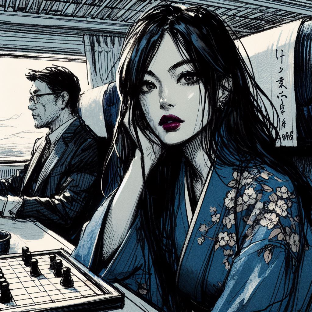 Jeune femme en kimono bleu captivant l'attention dans un Shinkansen, à côté d'un homme absorbé dans ses pensées.