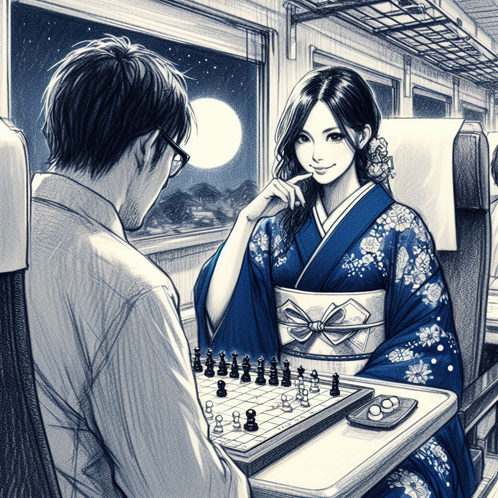Takeshi, the world ōgi champion, focused on an intense game against a mysterious woman in a dark blue kimono, in the silent atmosphere of a train carriage lit by the moon.