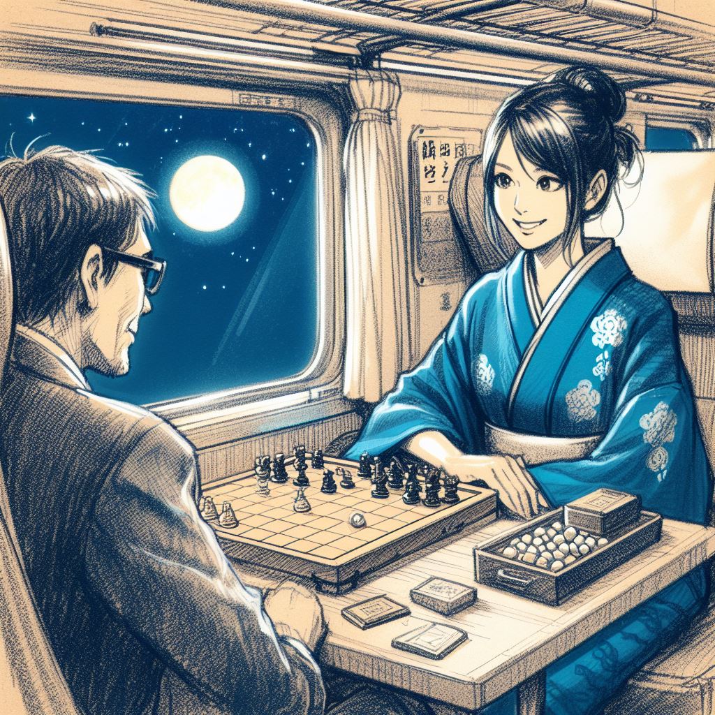 Takeshi intensely focuses on an ōgi match against an attentive opponent on a nighttime train, with the moon shining through the window, symbolizing the tension and mental commitment of the game.
