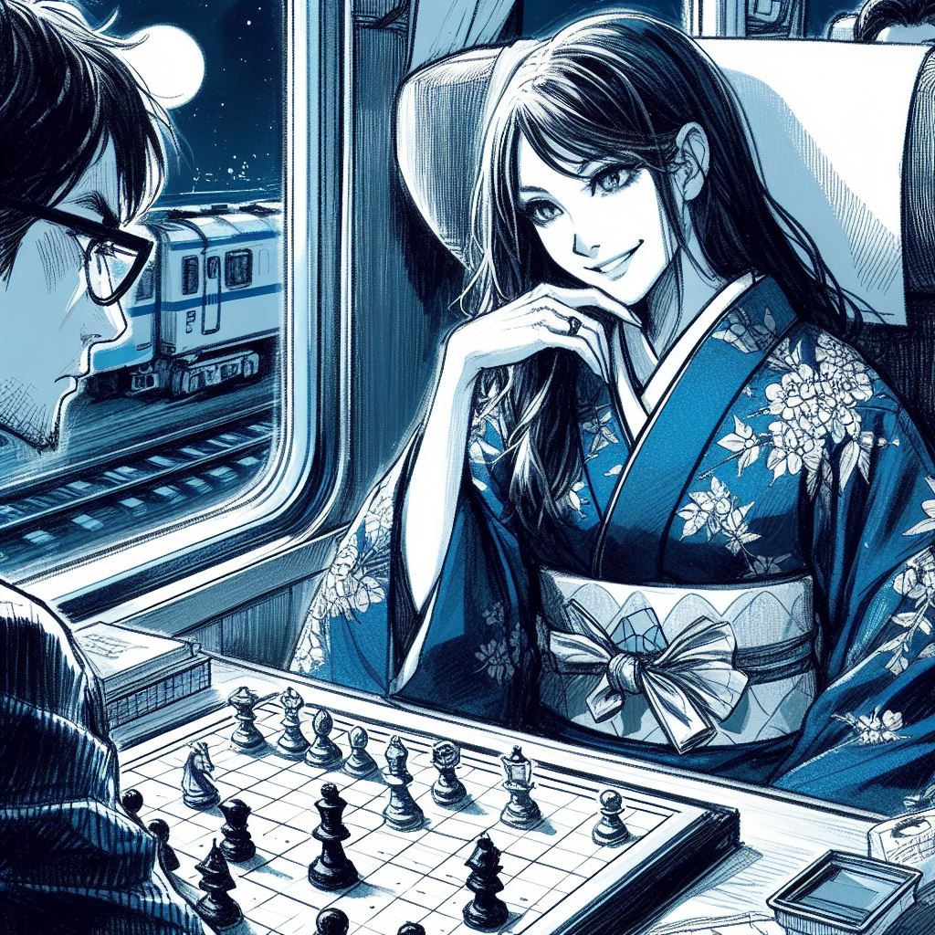 Takeshi, exhausted and overworked, plays an ōgi game against a serene and focused opponent on a train at night, illustrating the contrast between his exhaustion and his opponent's tranquility.
